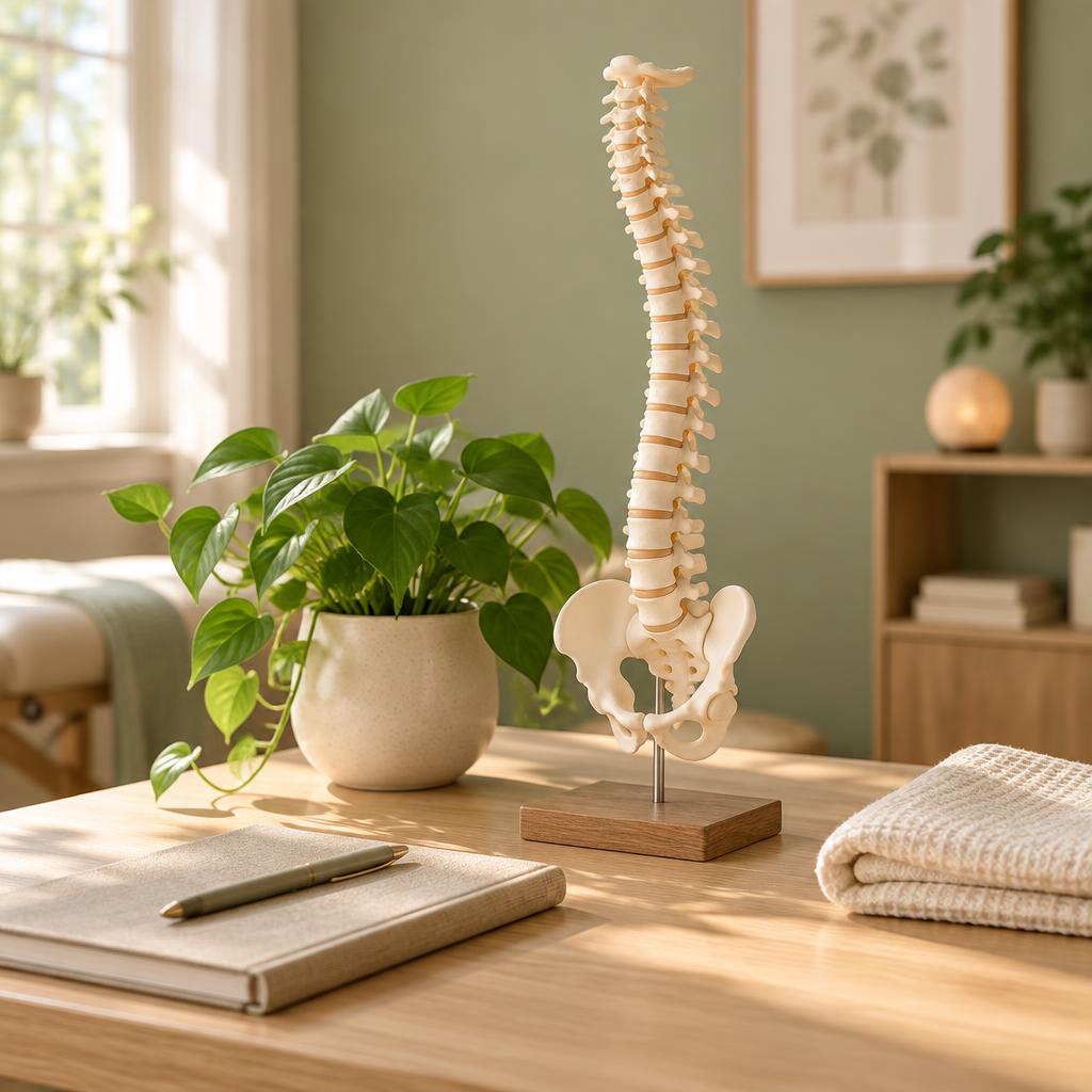 Modelo anatômico da coluna e da pelve sobre a mesa do consultório, em ambiente acolhedor